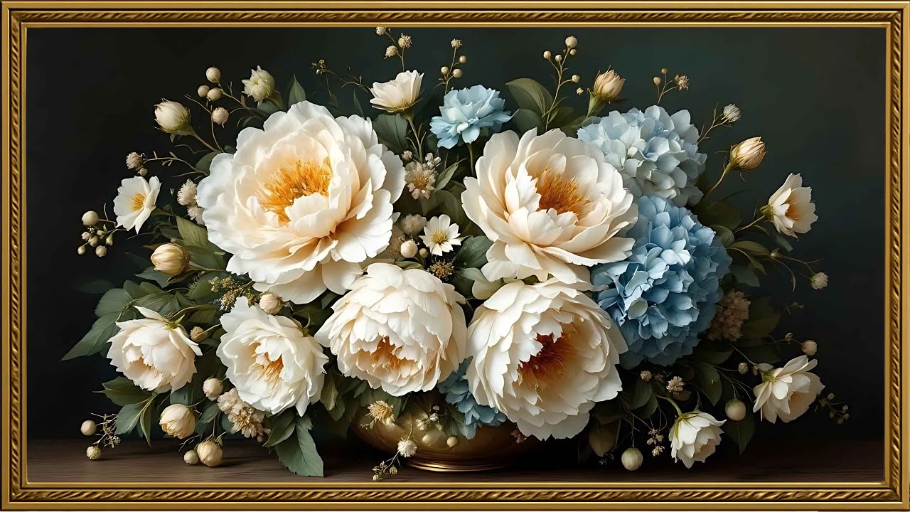 Golden Petals on Deep Teal – 4K Framed Art | Pétalos Dorados sobre Azul – Arte 4K | No Music
