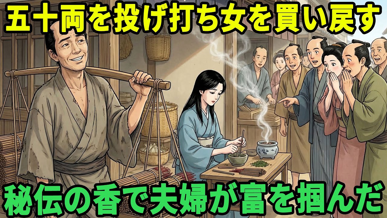 未亡人が市で打たれていた。行商が五十両を投げて救い、秘伝の香で大富豪になった | 野談 | 伝説 | 昔話 | 説話 | 民話