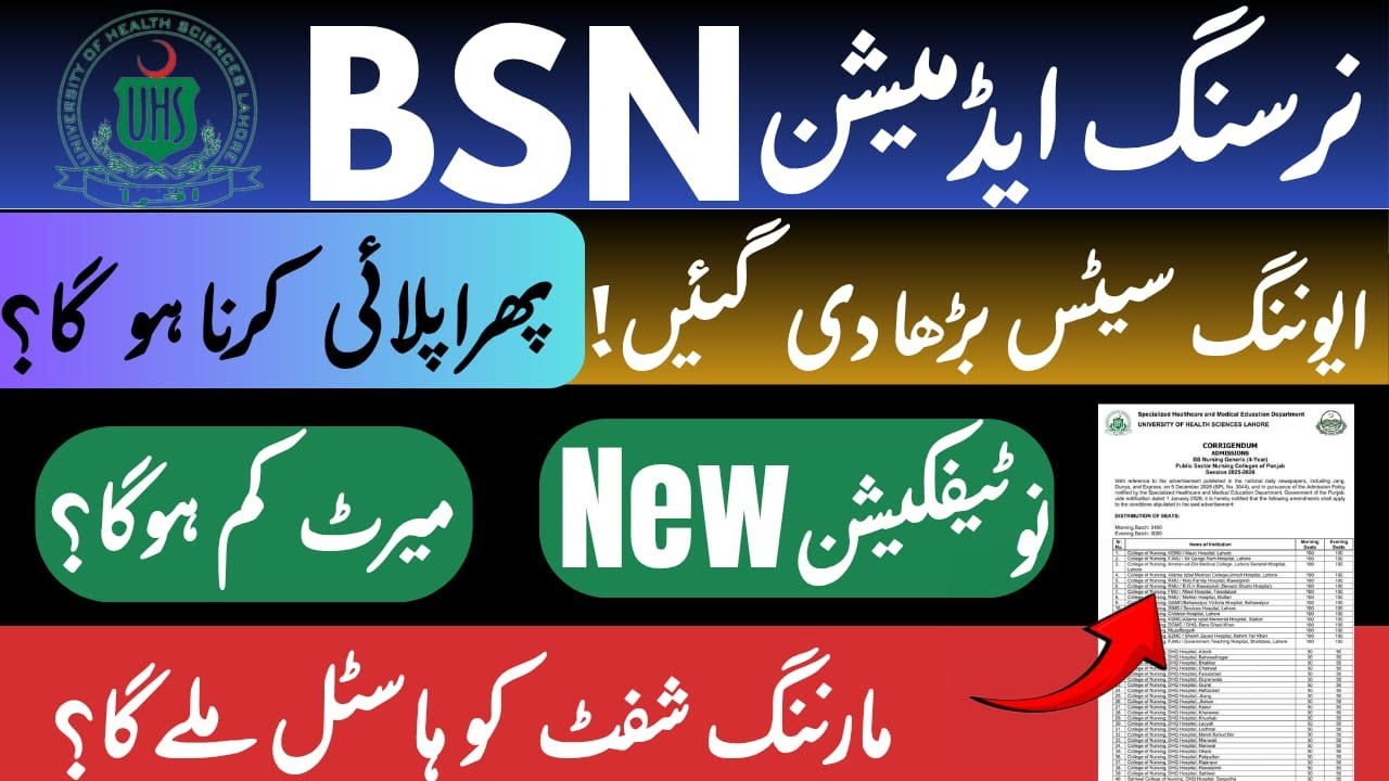 UHS BS Nursing new Notification |Hostel Facility |Stipend |Evening Seats |Closing Merit