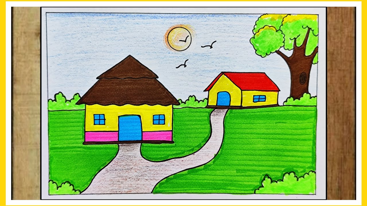 How to draw easy scenery drawing/ beautiful landscape village house drawing step by step