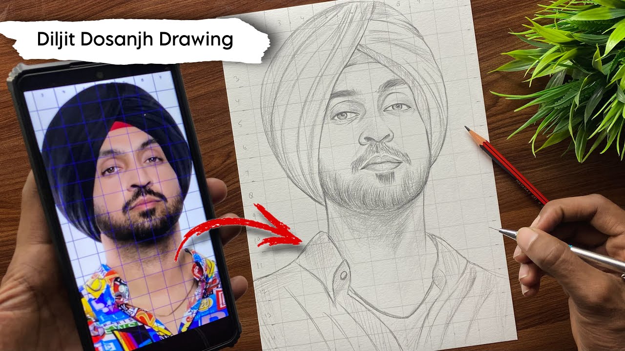 How to draw Diljit Dosanjh Drawing with grid Medhod outline (border 2 ) ￼