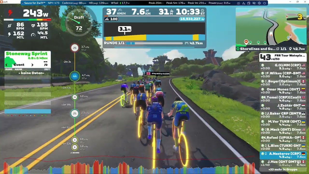 FRR Tour Watopia Stage 8 CRP-GHT on Shorelines and Summits in Watopia