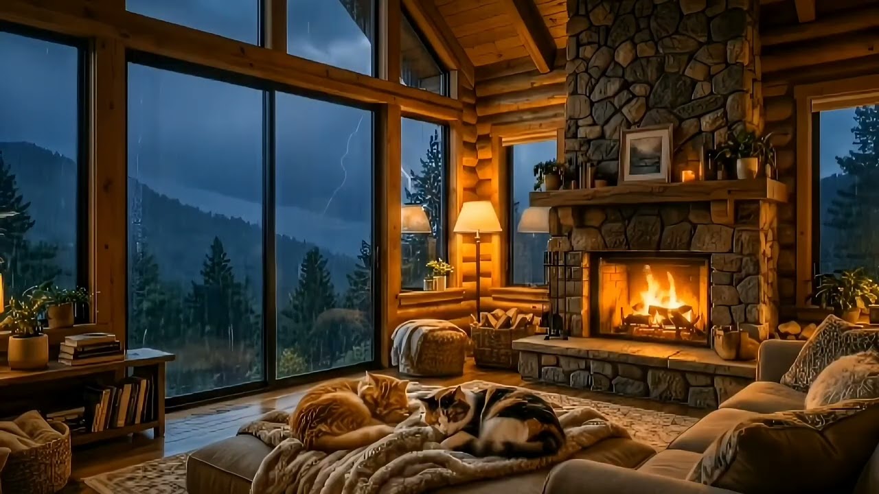 Cozy Cabin in a Thunderstorm ⛈️ Heavy Rain & Crackling Fireplace Sounds for Sleep & Study (No Music)