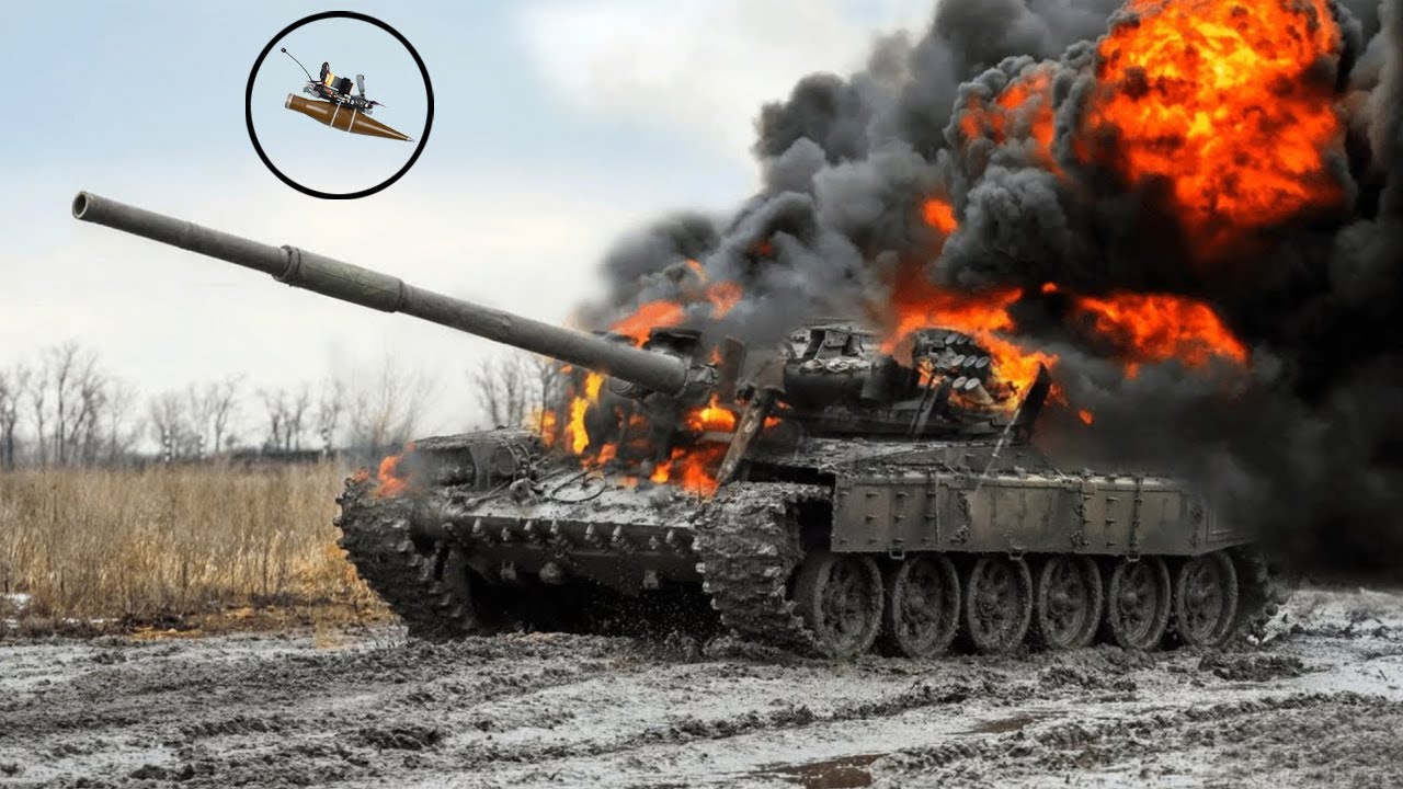 Terrifying Moment $500 Ukrainian Troops FPV drones Blows Up $4.5M Russian T-90 Tank
