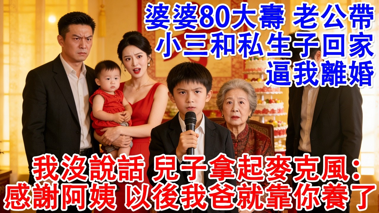 【完結爽文】婆婆80大壽老公帶小三和私生子回家逼我離婚，我沒說話，兒子拿起麥克風：感謝這位阿姨以後我爸就靠你養了#婆媳 #情感故事 #為人處世 #故事 #家庭倫理 #老年生活 #健康 #养生 #短剧