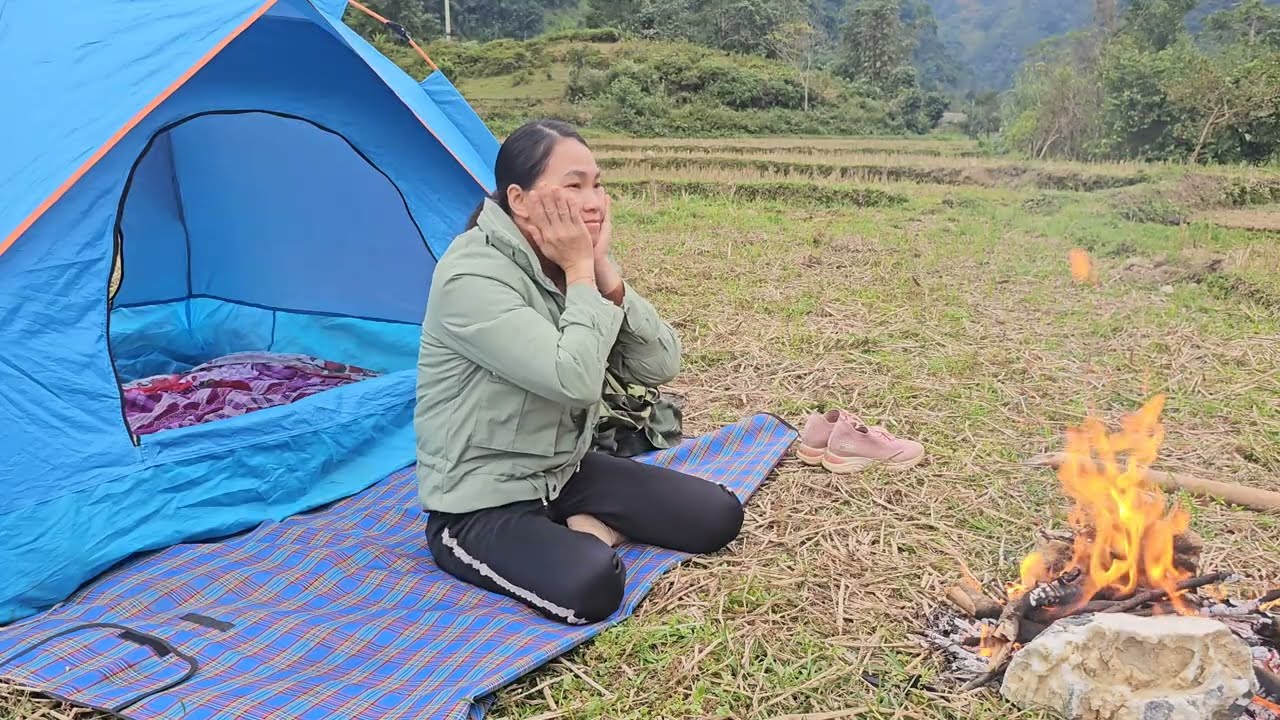 1 ngày cuộc phiêu lưu cắm trại của cô gái miền núi, chốn ra đồng ruộng cắm trại thư giãn một  mình