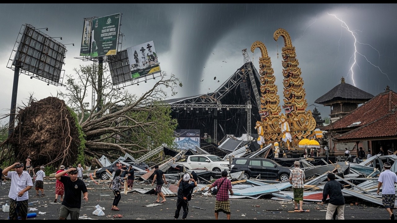 Detik-detik Angin Kencang di Bali! Pengunjung Panik Saat Ogoh-Ogoh Badung Caka Fest, Pohon Tumbang