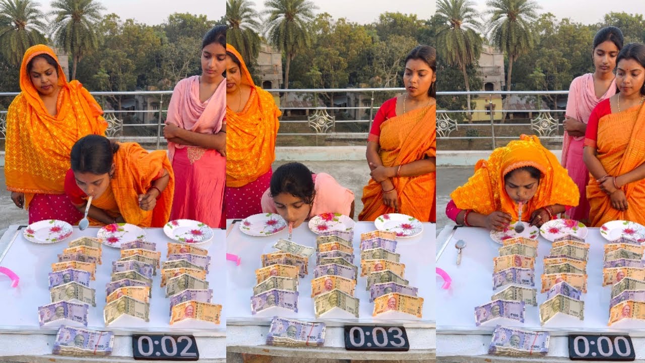 মেয়েদের মুখে চামচ দিয়ে টাকা তোলার খেলা || Picking up money with a spoon in the girls' mouths