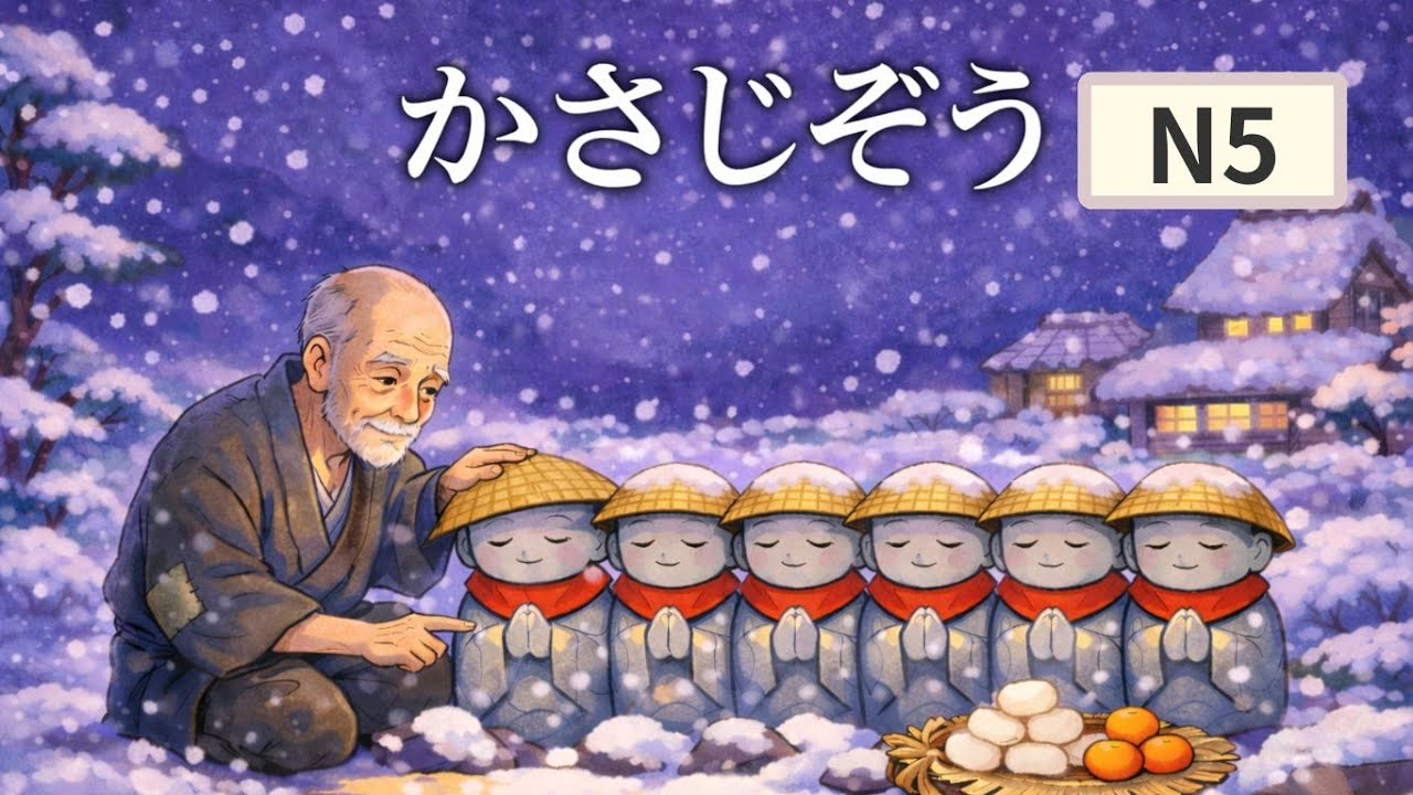 The Straw Hat Jizo 🌙 | かさじぞう - Easy Japanese Listening [JLPT N5]