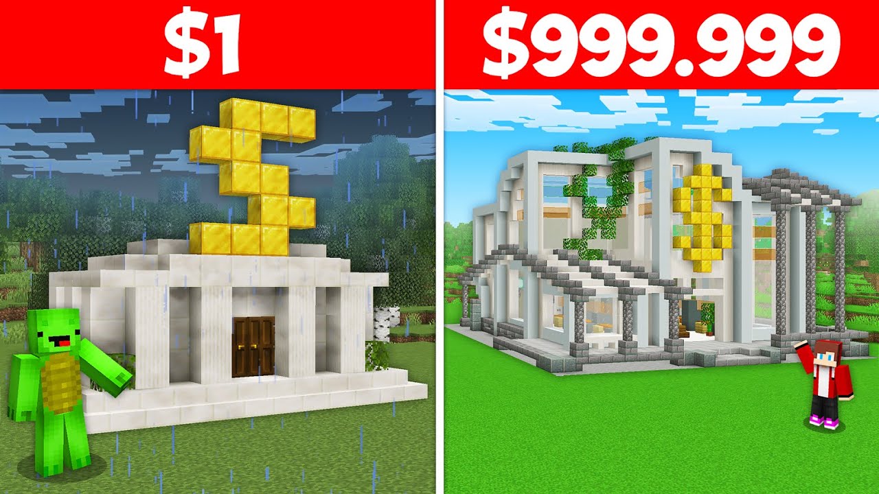 JJ and Mikey $1 vs $99999 BUILD CHALLENGE Bank in Minecraft - Maizen