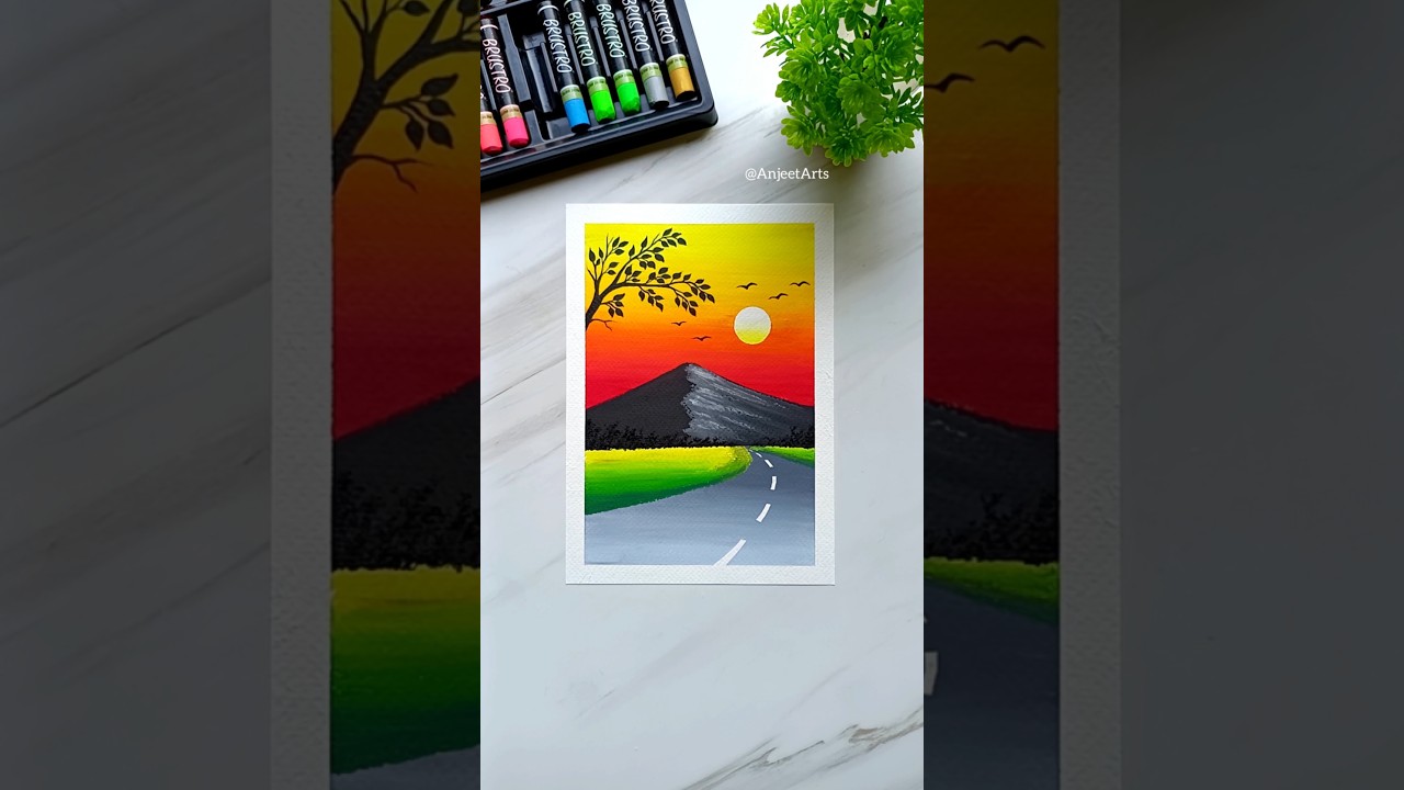 🌅 Easy Sunset Road Scenery Drawing | Oil Pastel Art #Shorts
