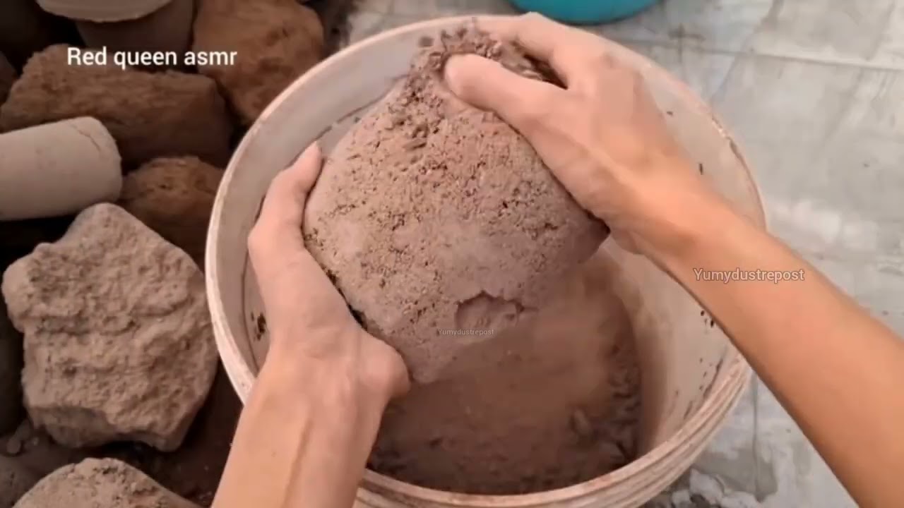 Soft red sand bucket water bottle gritty sand cement asmr crumbling water cr,redqueenasmr