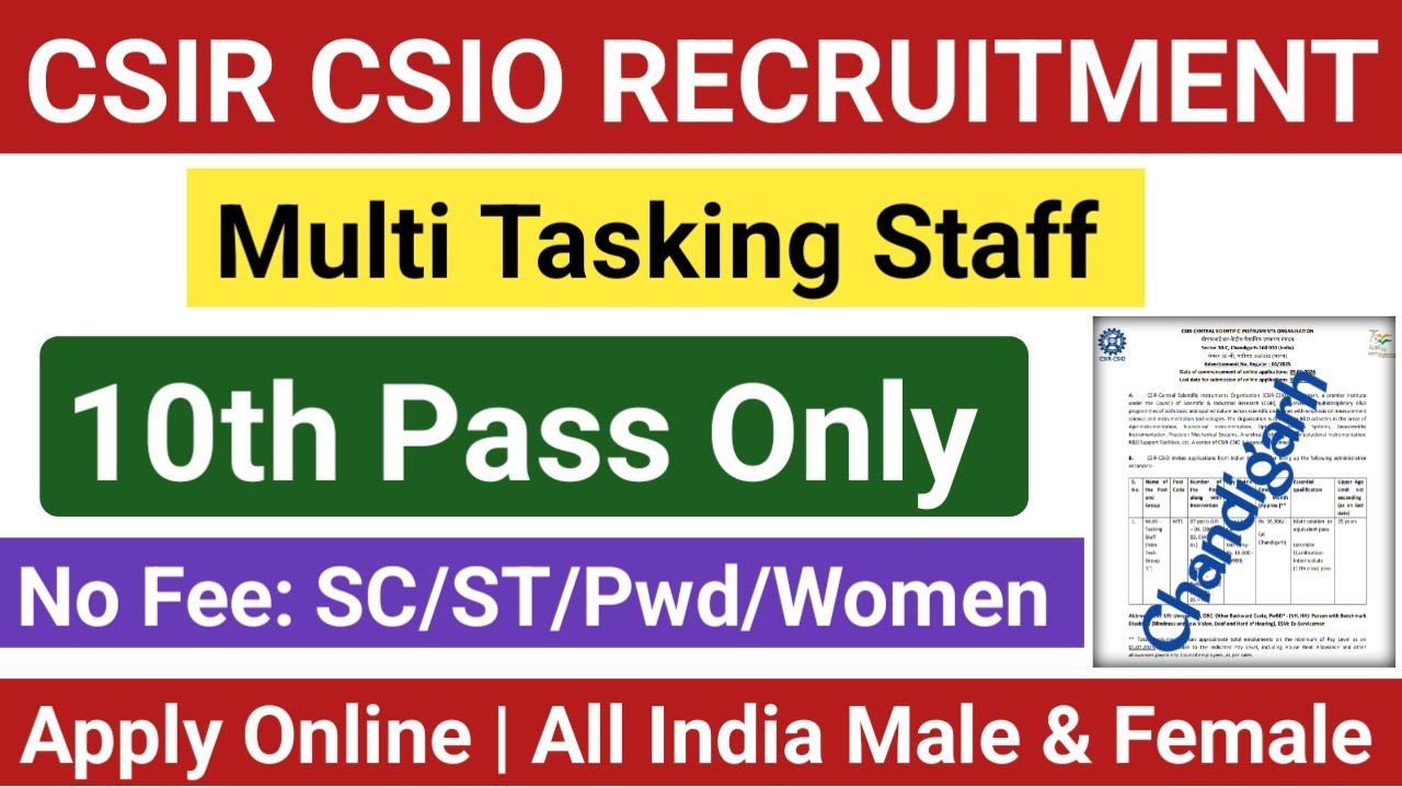 CSIR CSIO Chandigarh MTS Recruitment 2026 Out 🔥 10th Pass Permanent Posts 📢