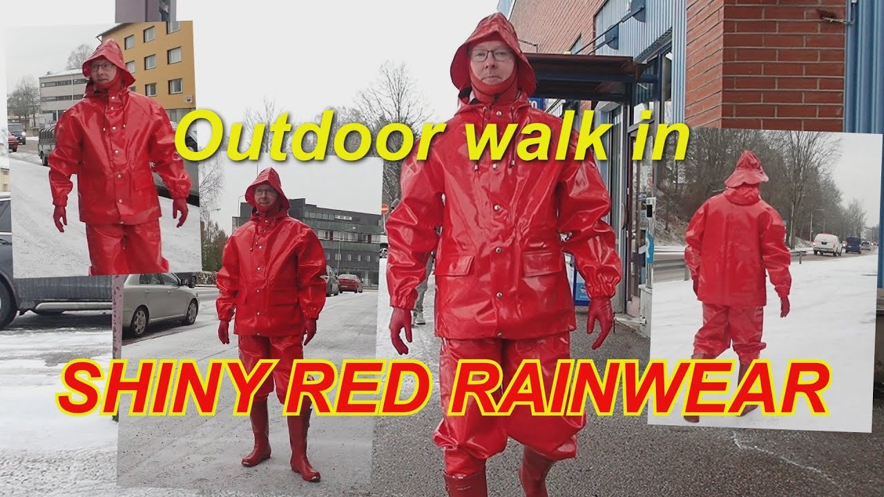 outdoor walk in shiny red rainwear