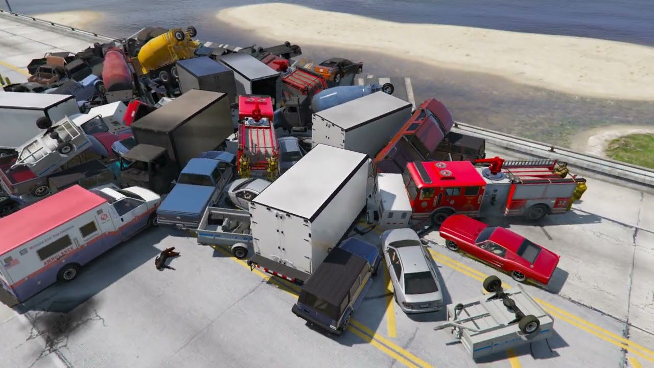 NPCs Stunt Jump + Traffic Jam on the Bridge In Grade Theft Auto V 2025 Ep1