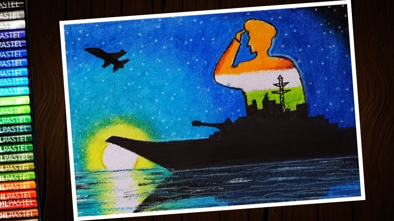 Navy day drawing with oil pastel for beginners - step by step