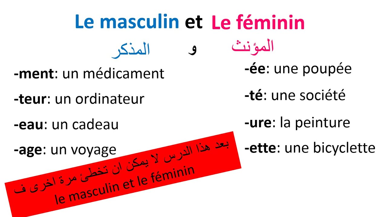 تعلم الفرنسية-- كيف نفرق بين المذكر والمؤنث في اللغة الفرنسية--Le Masculin Et Le Féminin