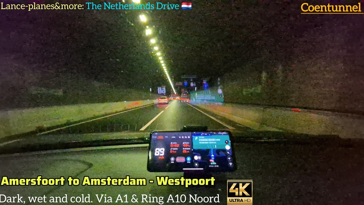 (4K) Driving: Amersfoort to Amsterdam (Westpoort) via A1 & Ring A10-Noord (North) 🇳🇱 Cold and Dark.