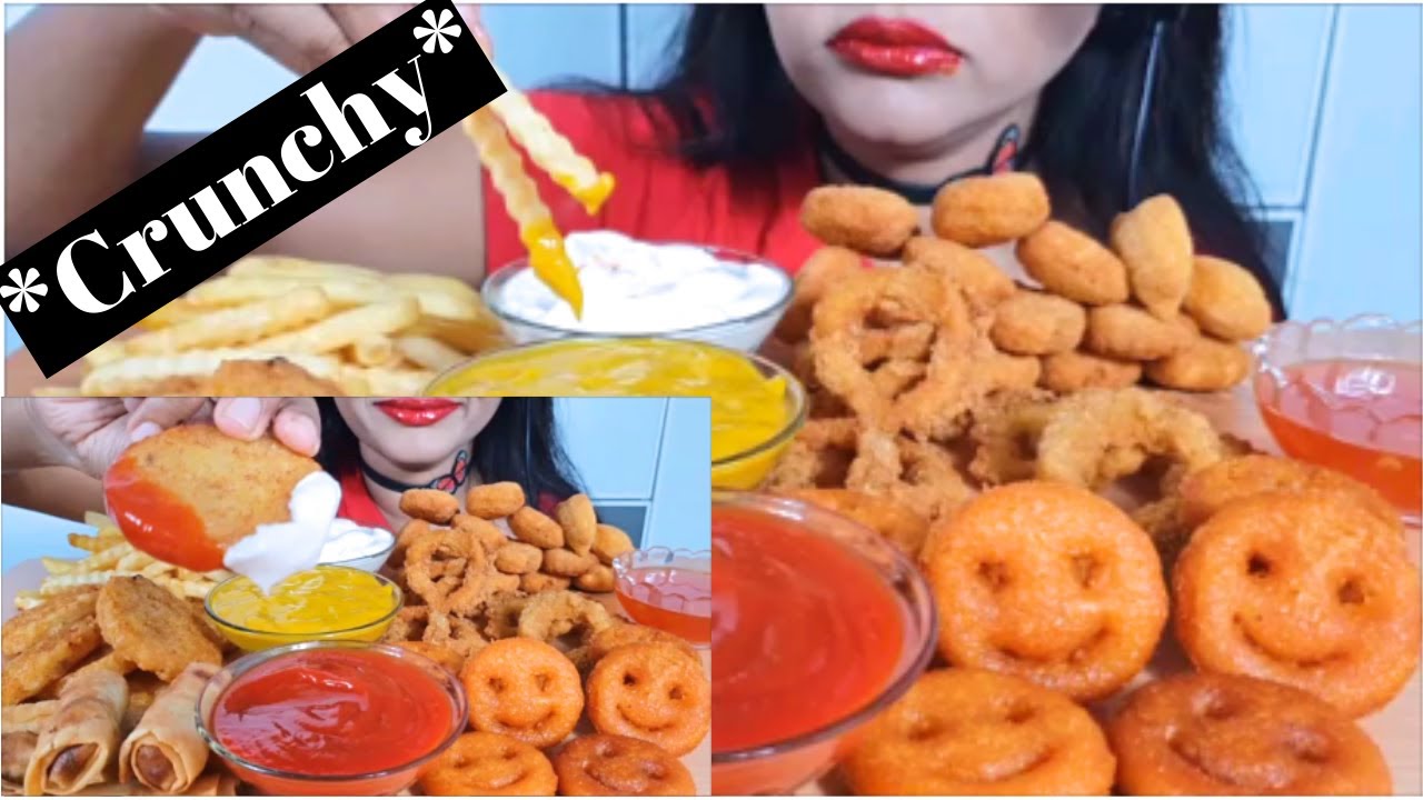 **FRIED FOOD ASMR** (SMILEYS,FRENCH FRIES,SPRINGROLL,CHICKEN NUGGETS) *EATING SOUNDS* NO TALKING