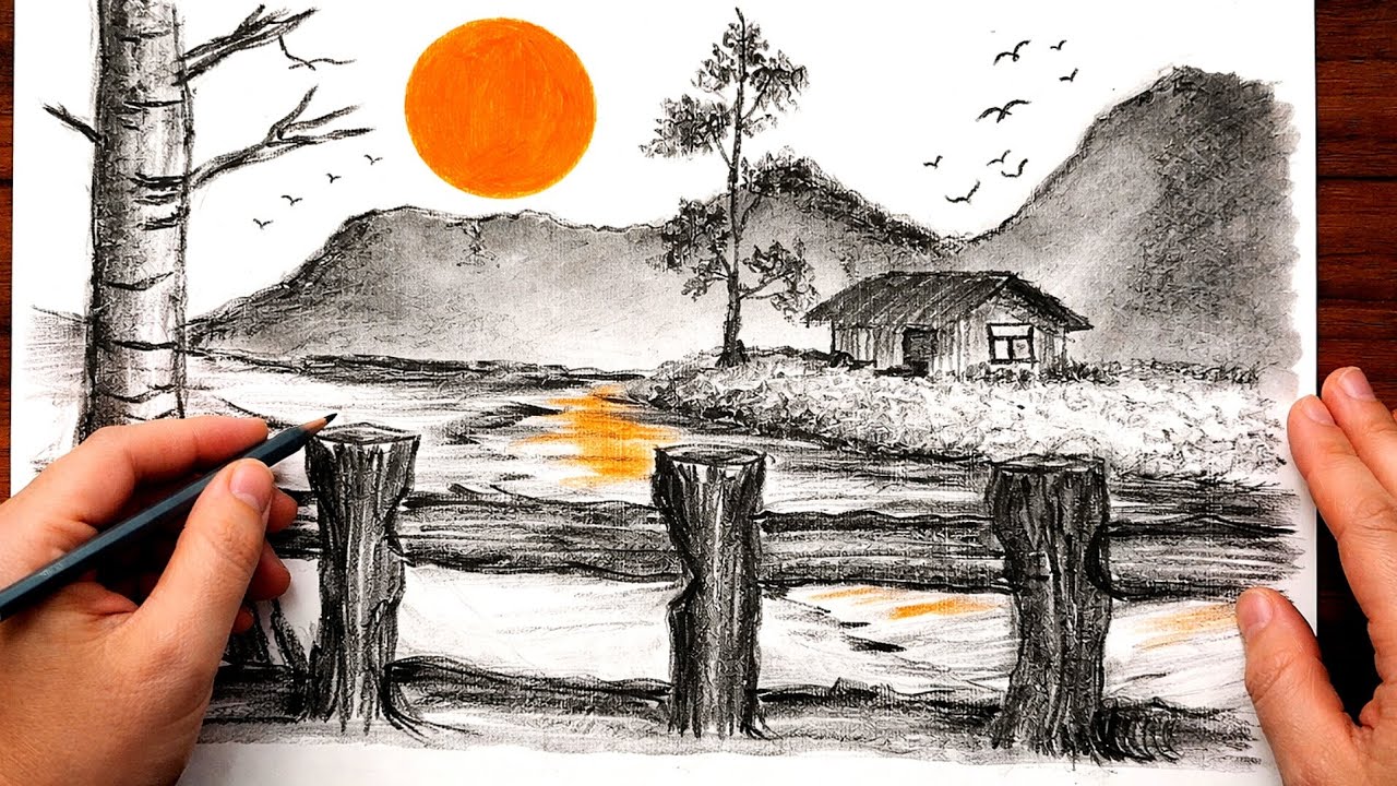Easy Pencil Landscape Drawing | Sunset River & Cottage Scenery Step by Step #easydrawing #sunset 