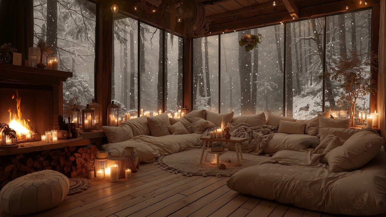 Cozy Winter Night in a Peaceful Snowy Cabin ❄️ Soft Piano & Fireplace Sounds for Relaxation