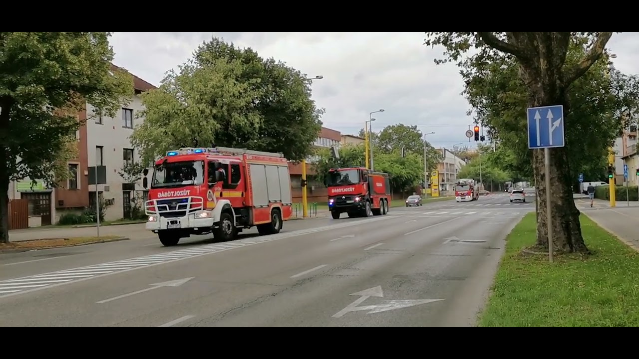 Tűzoltó vonulás Győrben. Győr 1/2 , vízszállító+emelő/kosár ( 2023 08. 01. )