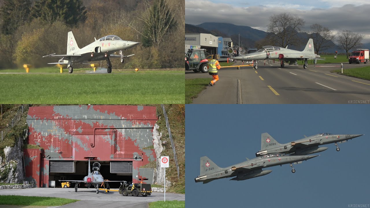 Tiger F-5 J-3094 +J-3211, Landing, for storage in caverne  - Airport Buochs 2024