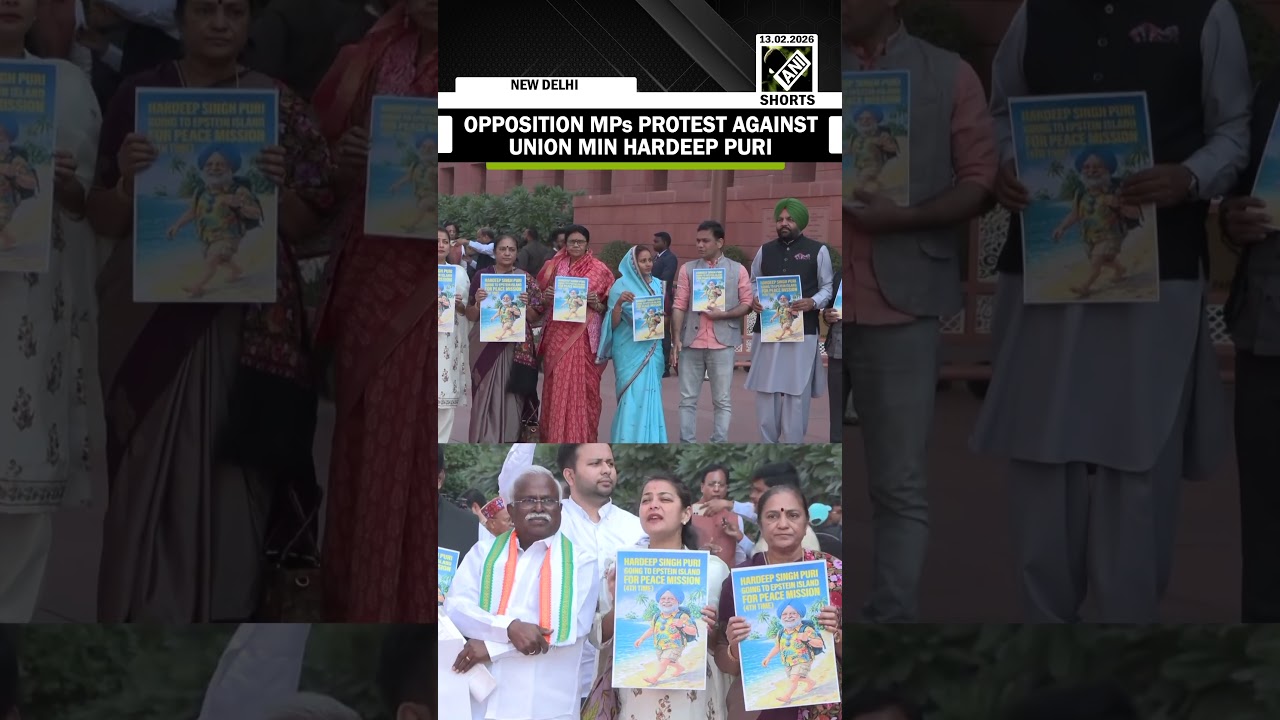 Opposition MPs hold protest against Union Min Hardeep Puri outside Parliament