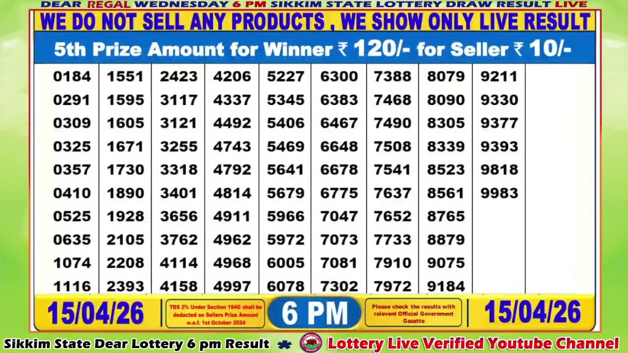 [LIVE] Lottery 6:00 PM Dear Sikkim state lottery live draw result 15.04.2026 | Lottery live