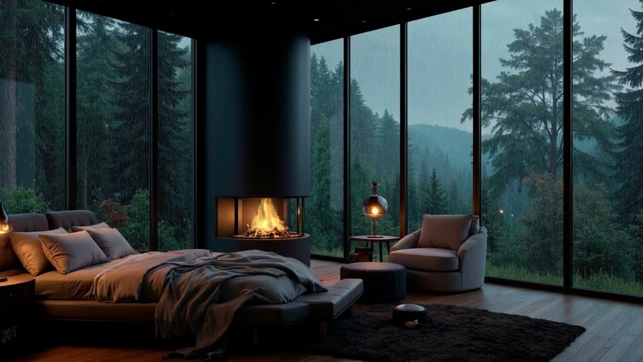 Forest Rain by the Fireplace | Soft Night Piano in a Warm Glass Cabin for Deep Sleep