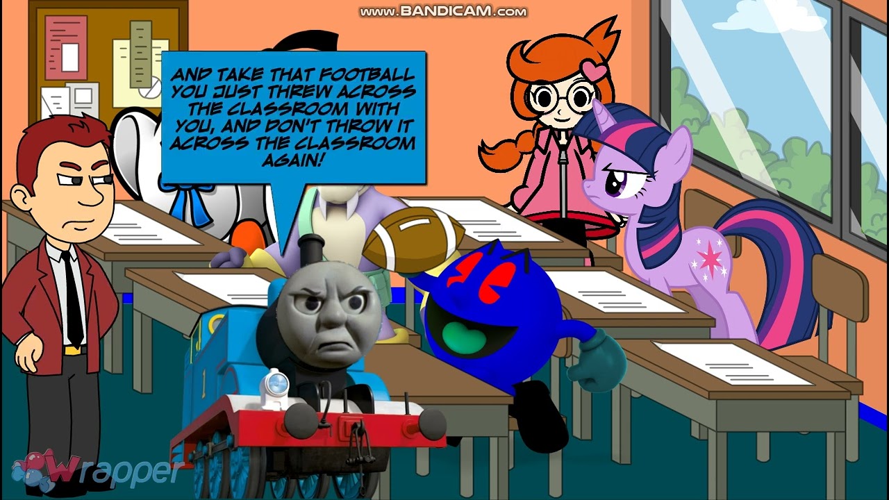 Dark Pac-Man throws a football across the classroom/Grounded