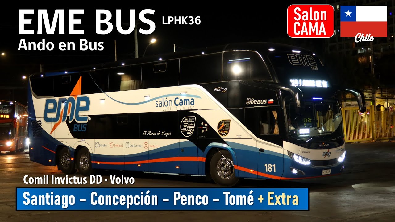 Поездка на автобусе EME BUS из Сантьяго в Томе на автобусе Comil Invictus DD и автобусе 8x2