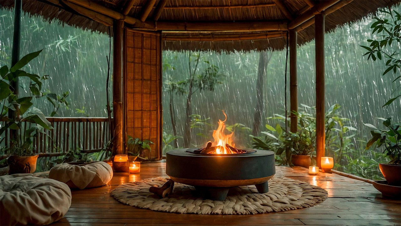 10 Hours Heavy Rain Bamboo Forest Hut 🎋🌧 Cozy Fire & Jungle Rain Sounds for Sleep | 4K