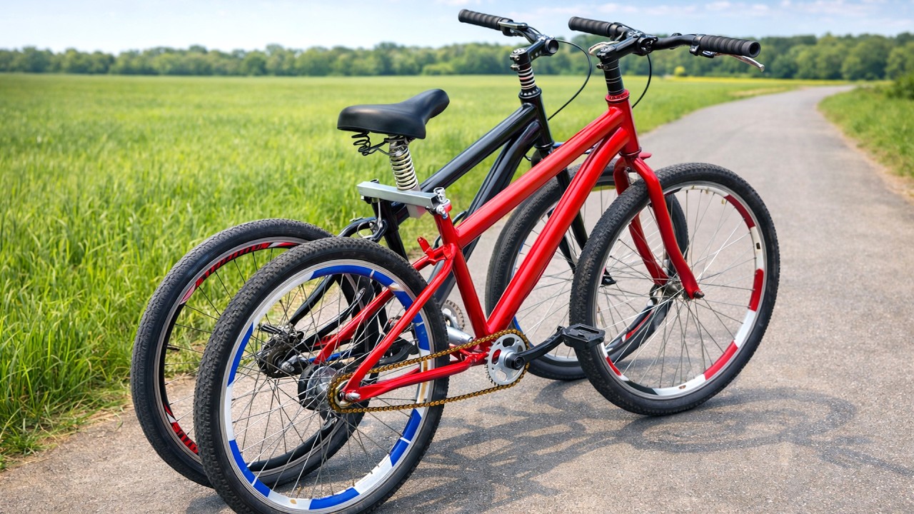 A farmer transformed old bicycles into four-wheeled tandem bikes.