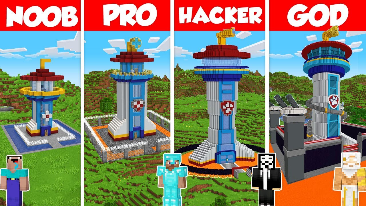 Protected Paw Patrol Tower Build Battle Challenge - Noob vs Pro vs Hacker vs God Minecraft Animation