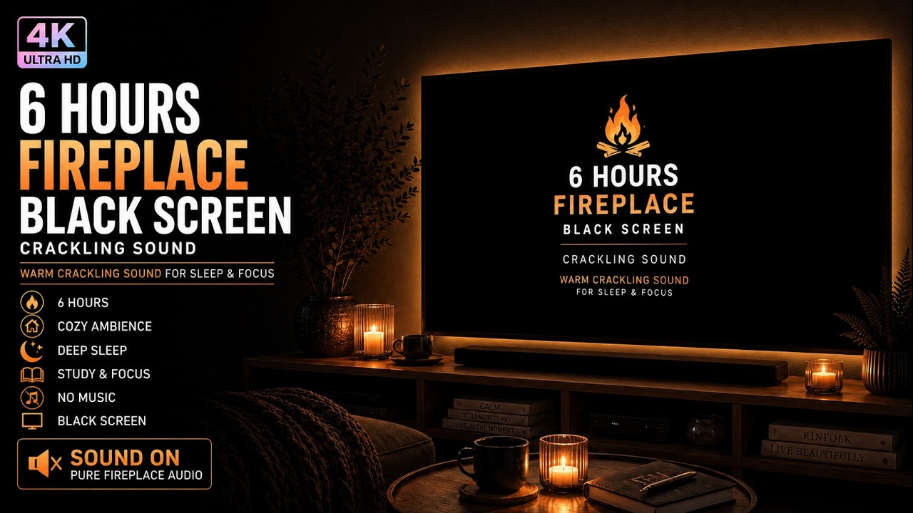 6 Hours Cozy Fireplace Crackling (Black Screen) No Distractions Pure Ambience Deep Sleep Relaxation