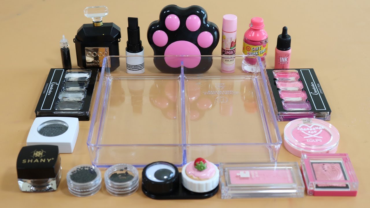 TWO Color Series Black VS Pink Mixing Makeup and parts,glitter Into Clear Slime! 