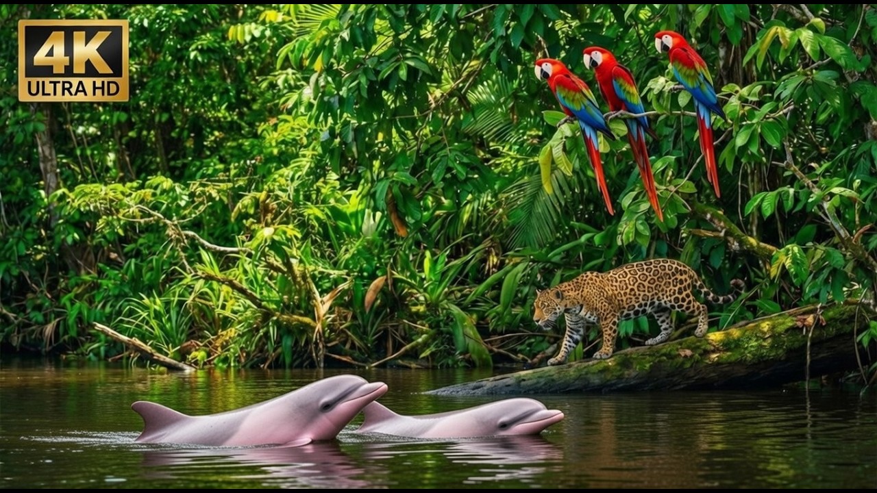 4K ULTRA HD Relax video. Mysterious Amazon Rainforest ( Amazon River Dolphin, Jaguar, Macaw).