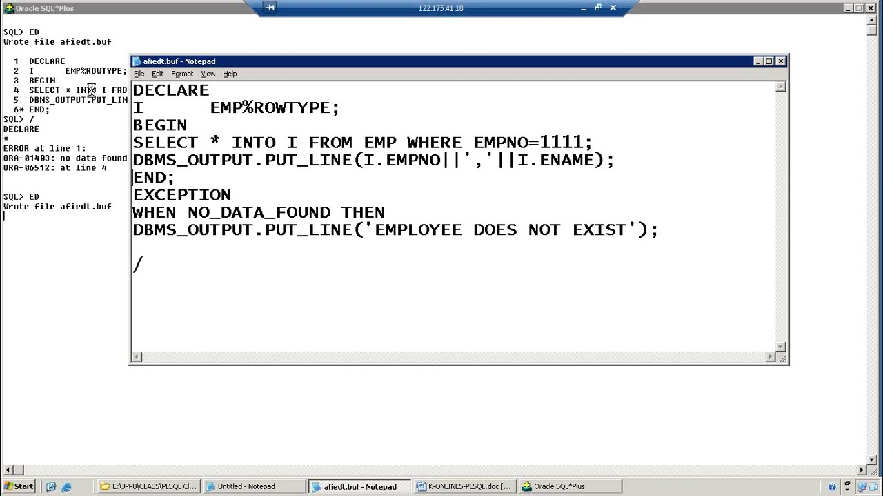 PLSQL Class   10  EXCEPTIONS in ORACLE 11g