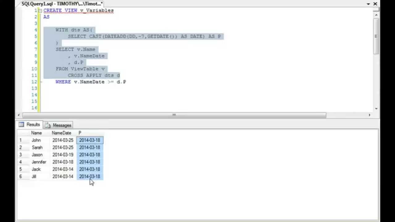 TSQL: View Error Using Variables - Incorrect Syntax Near 'DECLARE' (Hackaround)
