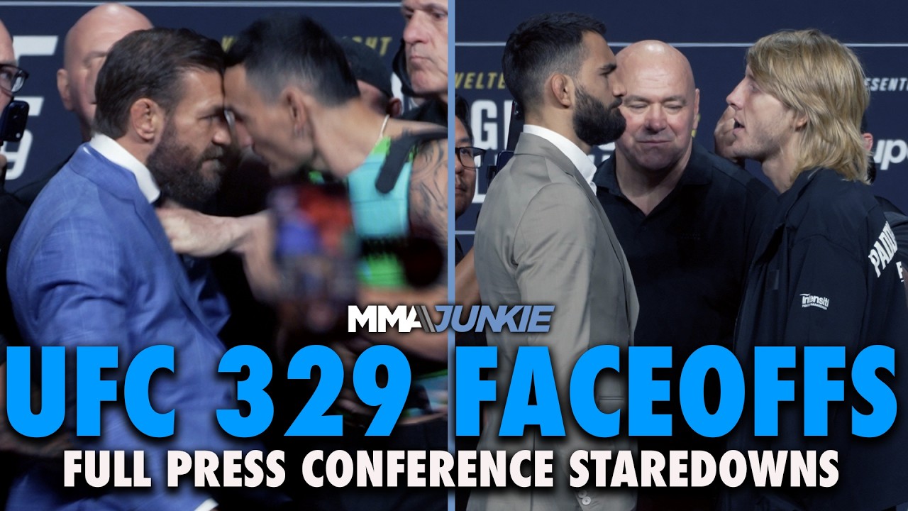 Conor McGregor, Max Holloway restrained at WILD press conference faceoff | UFC 329