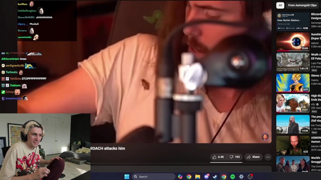 xQc Reacts to Asmongold Grabbing Roach after it Attacks him