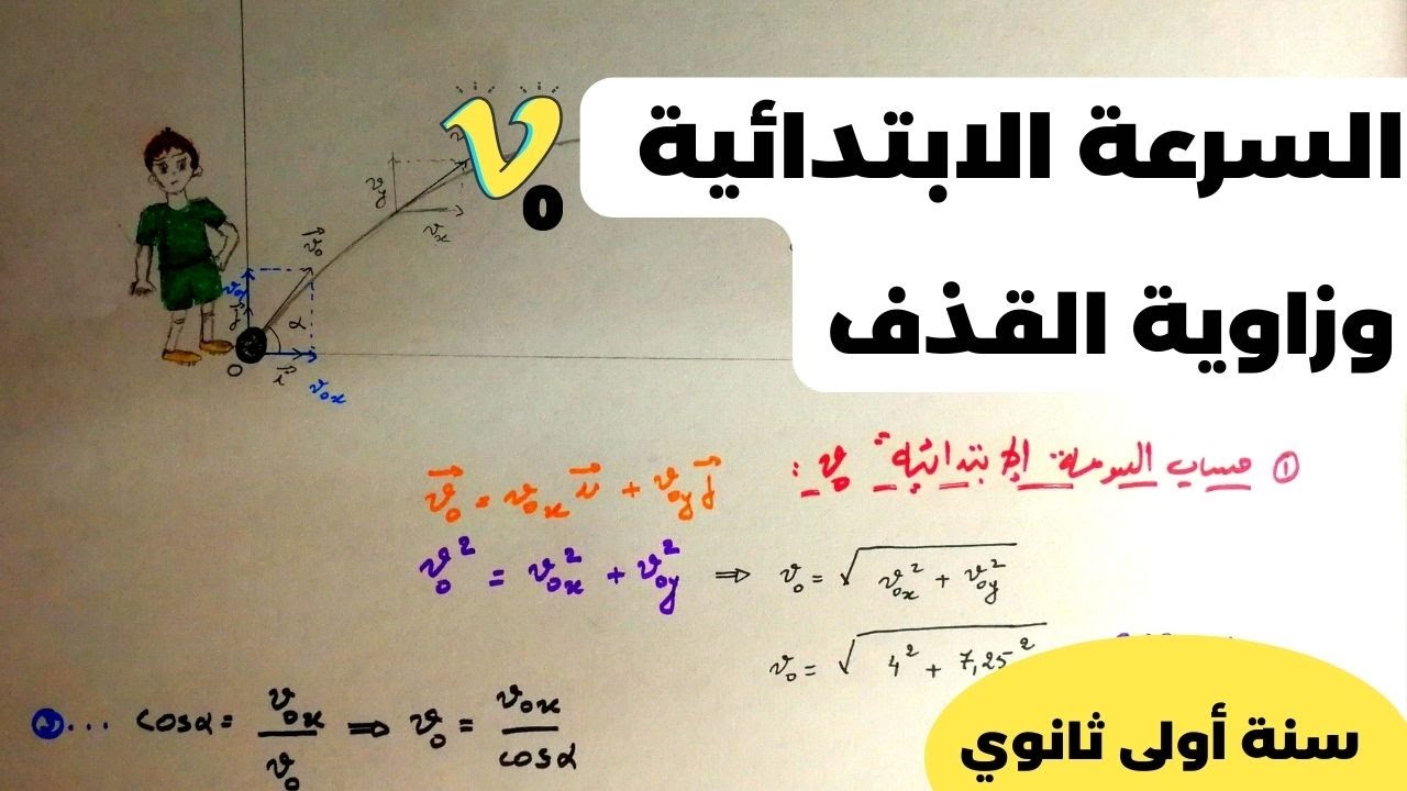 حساب زاوية القذف و السرعة الابتدائية V₀ في حركة قذيفة  (القوة والحركات المنحنية)  | أولى ثانوي