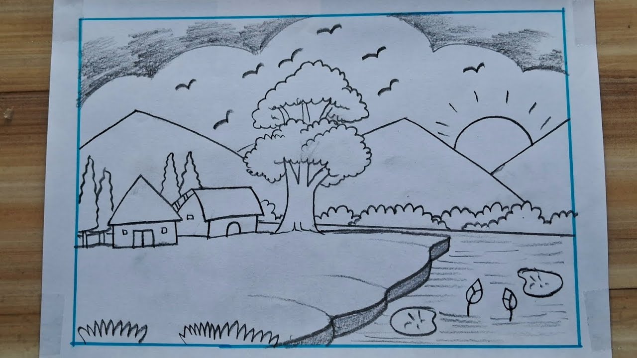 Easy Village Scenery Drawing Outline Tutorials / Easy Nature Scenery Drawing / Landscape Drawing 