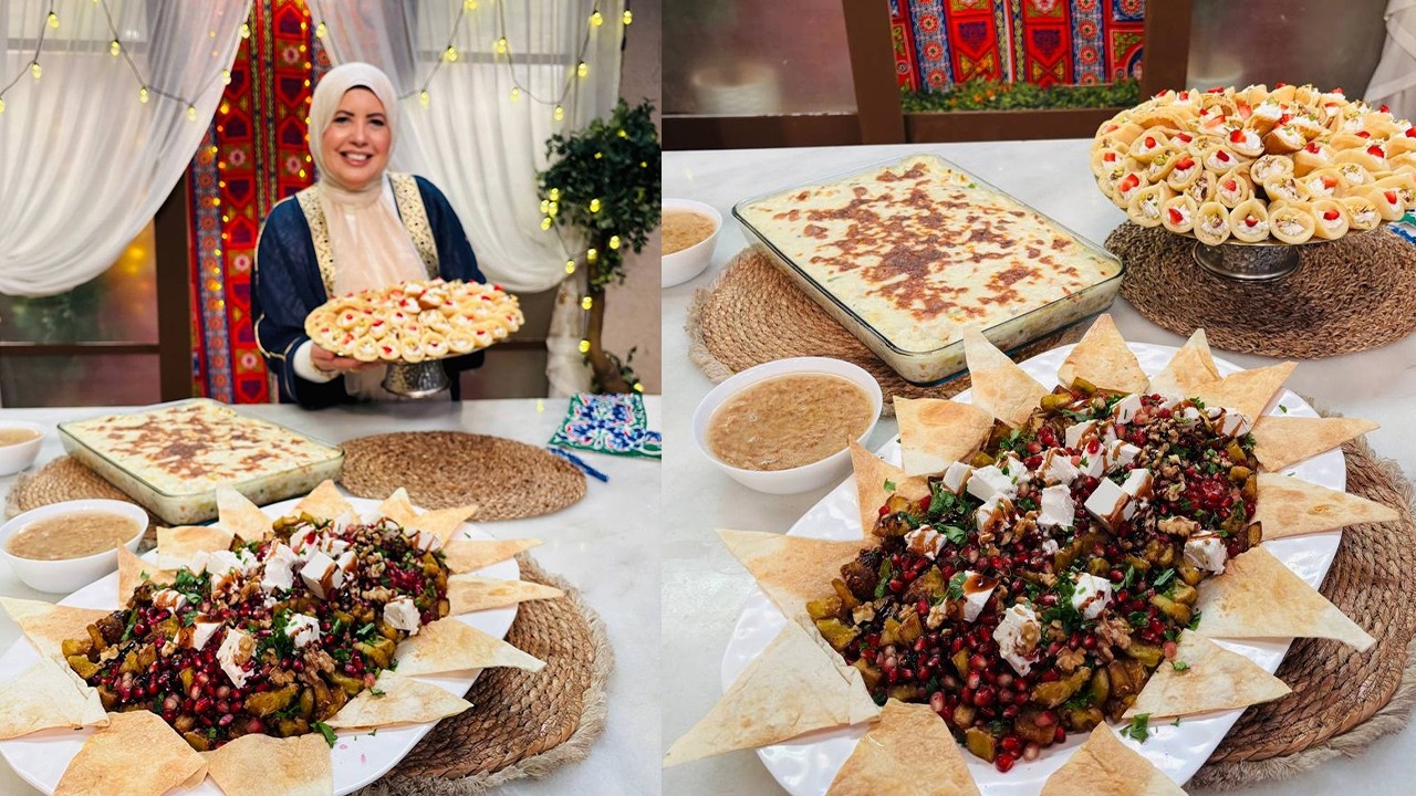العزومة مع الشيف فاطمة أبو حاتي | طاجن أرز بالبشاميل - سلطة الباذنجان بالجبنة - القطايف