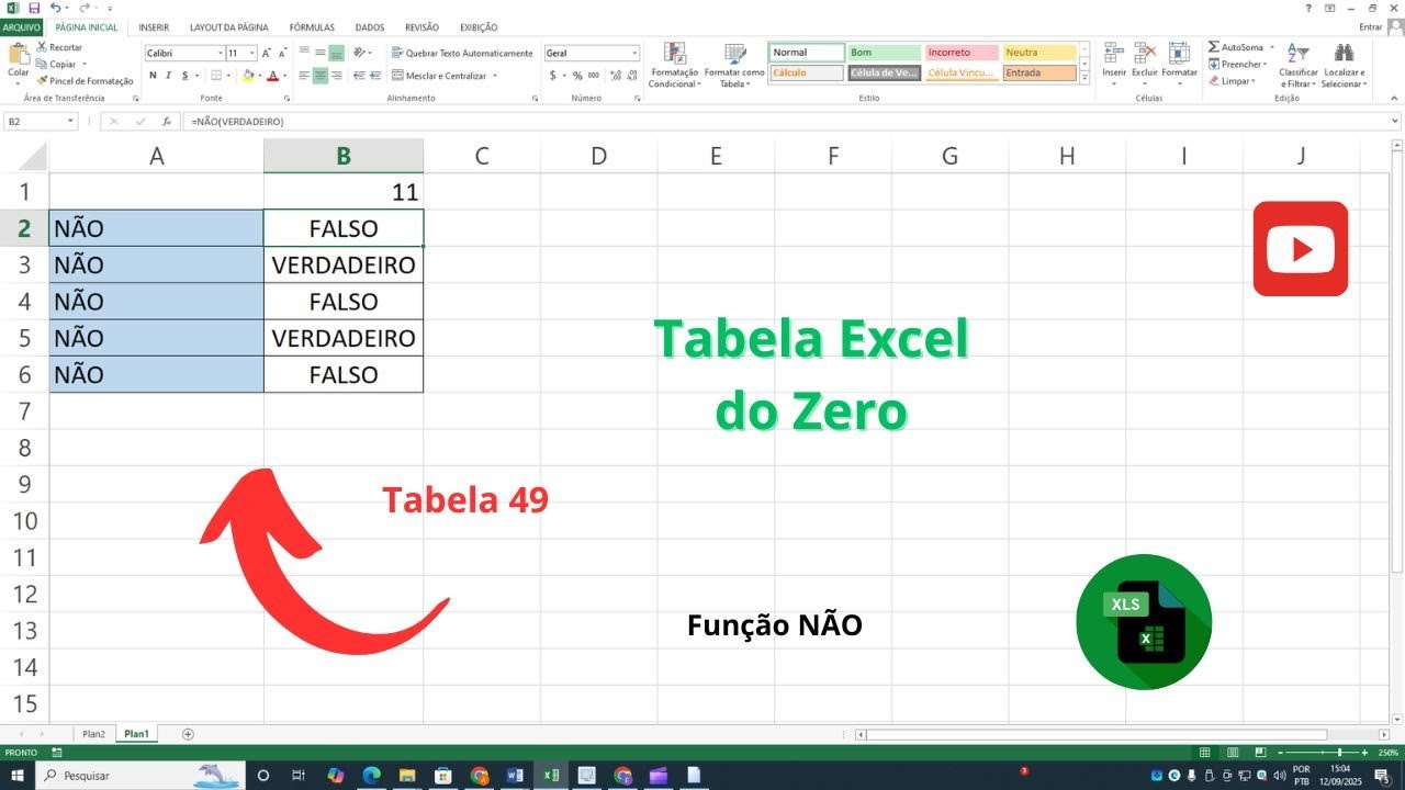 Tabela Excel do Zero - Tabela 49 – Função Não – Tutorial Zero Info