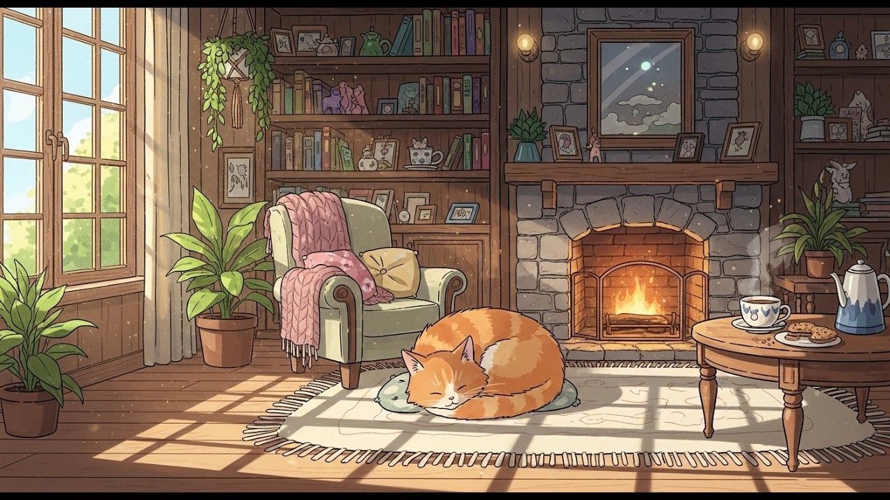 Cozy Rainy Night Fireplace 🌧️🔥 | Sleepy Cat & Relaxing Lofi Music for Reading and Study