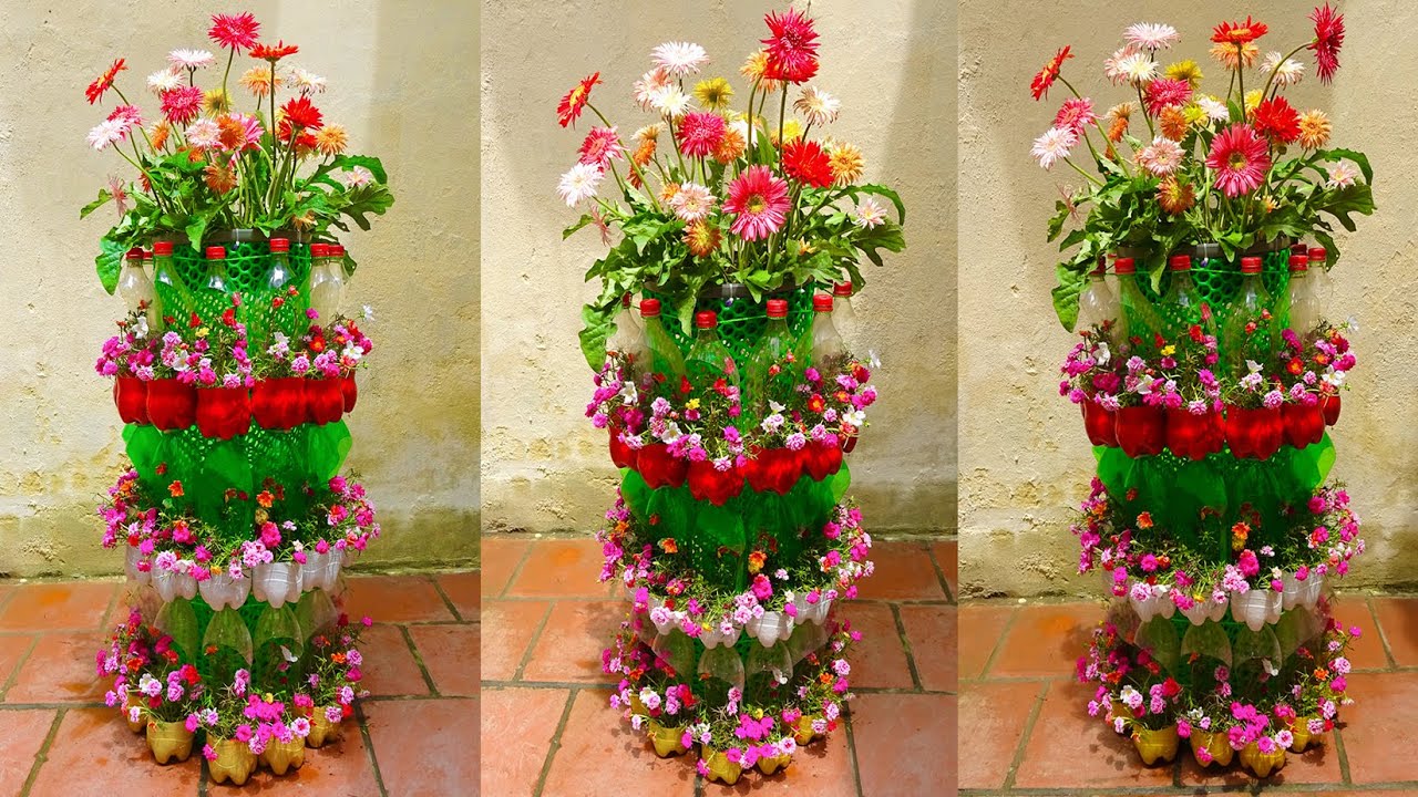DIY Garden Ideas, Make Beautiful Vertical Flower Tower Pots from Plastic Bottles Recycle