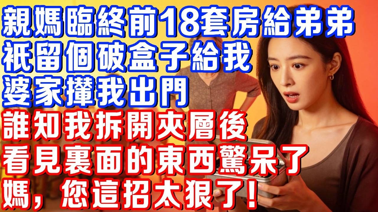 親媽臨終前18套房全給弟弟，只留個破盒子給我？婆家攆我出門，誰知我拆開夾層後：媽，您這招太狠了！#書婷講故事#為人處世#生活經驗#情感故事