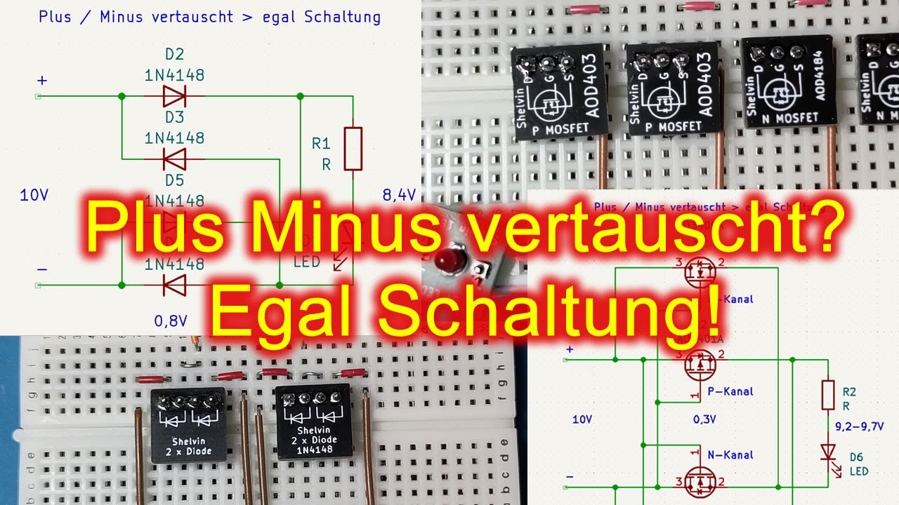 Die Plus / Minus vertauscht - egal Schaltung. Brückengleichrichter mit 4 Dioden und MOSFETs.
